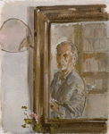 Autorretrato con geranio. 1982. Óleo/lienzo. 61 x 50 cm.
